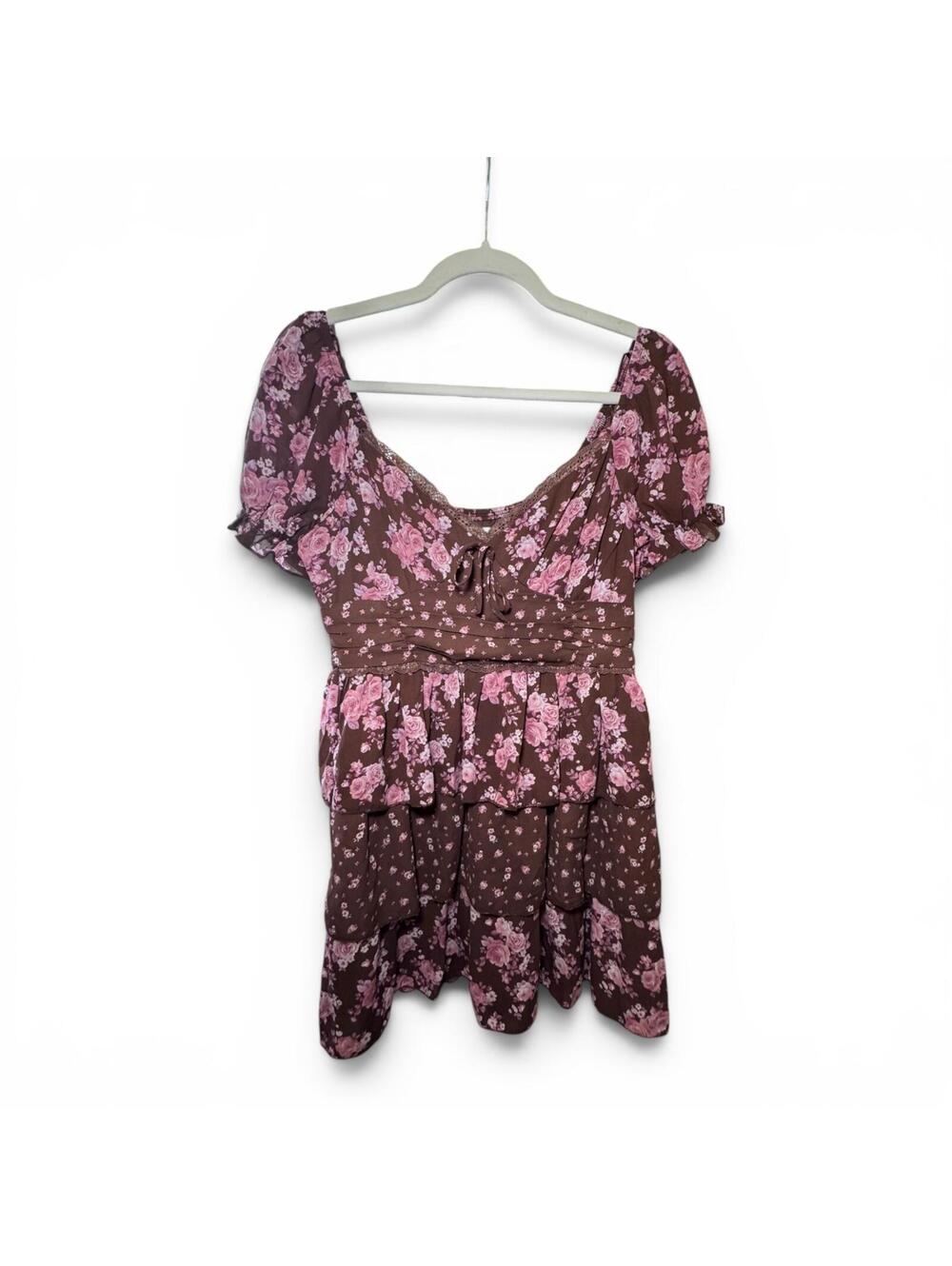 Thirty / Thirty LA Women's Medium Ruffle Brown And Pink Tiered Floral Dress EUC
